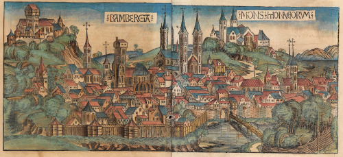 Panoramic vintage illustration of the town of Bamberg, depicting detailed medieval buildings, churches, and fortifications with labeled banners, set against a backdrop of rolling hills.
