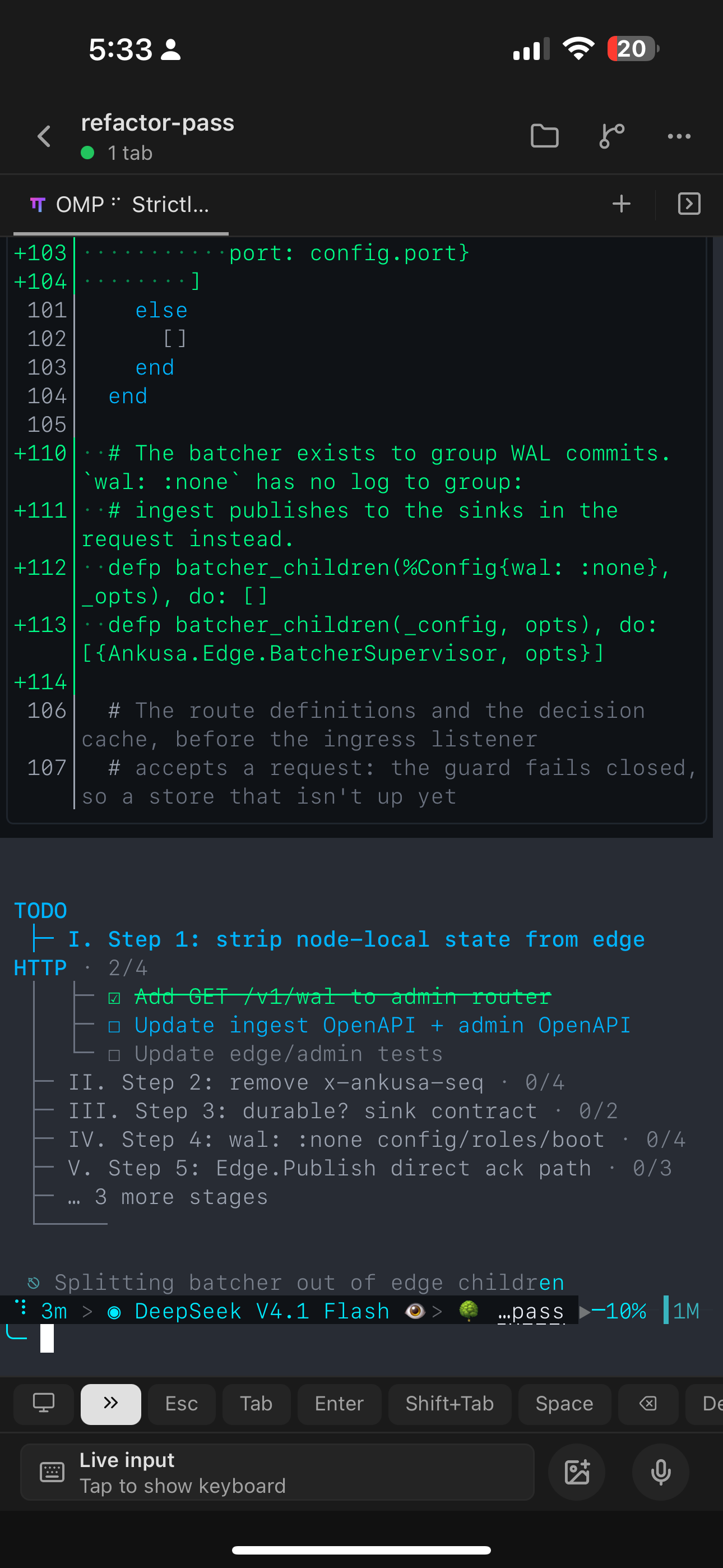 Terminal open with omp running, on a phone
