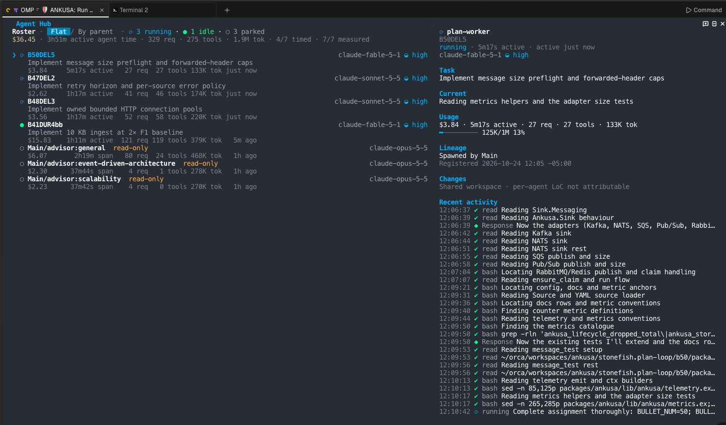 Oh My Pi Agent Hub with three plan-worker agents running, one idle, and three parked advisors